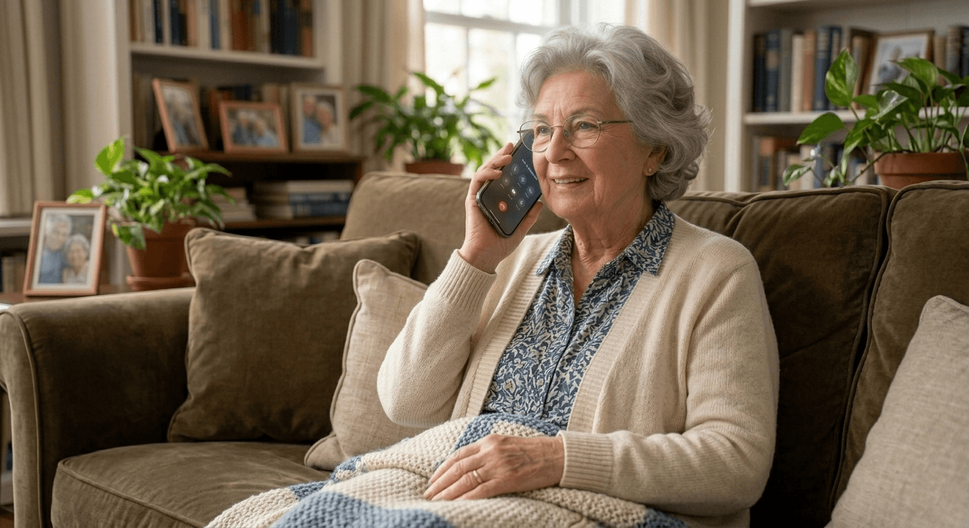 Elderly woman receiving a welfare check call